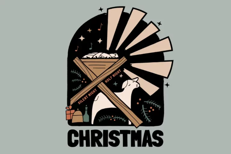 Christmas - drawing of a manger with beams of light eminating, a nearby lamb, the words Silent Night Holy Night along the edge of the manger legs which resemble a wooden cross. Image from WELS