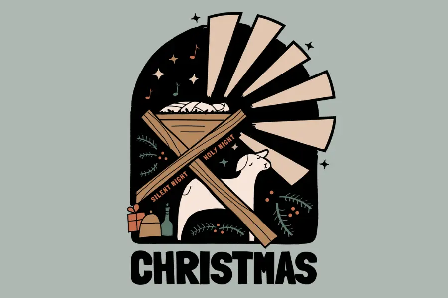 Christmas - drawing of a manger with beams of light eminating, a nearby lamb, the words Silent Night Holy Night along the edge of the manger legs which resemble a wooden cross. Image from WELS